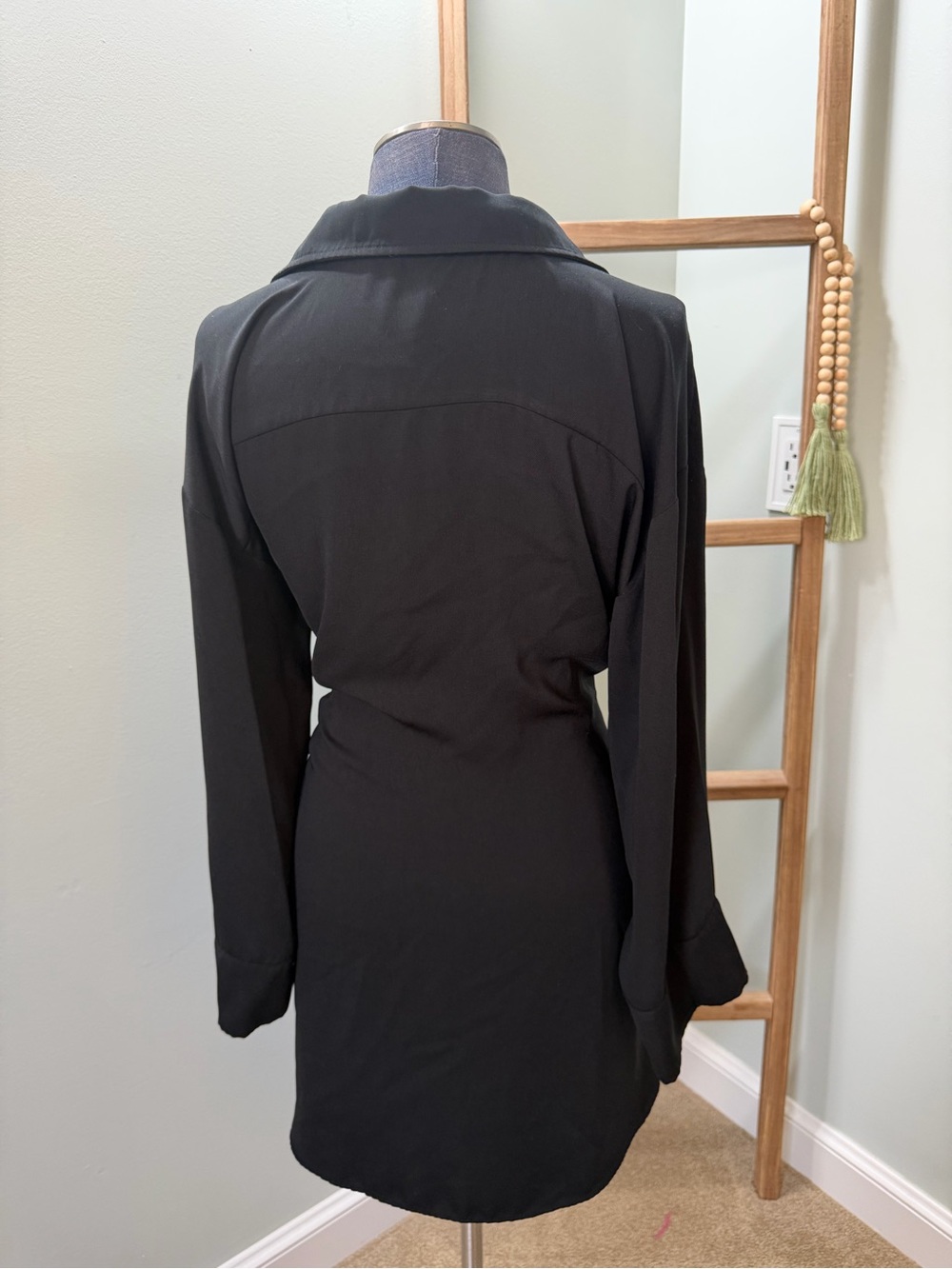 Zara Black Long Sleeve Tie Waist Collared Button Down Shirt Dress Size Medium - Picture 4 of 6